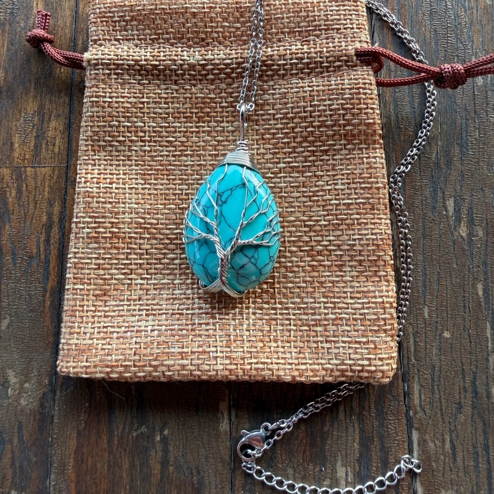 Brand New Wire-Wrapped Imitation Turquoise Drop Necklace Crystal Drop Necklace